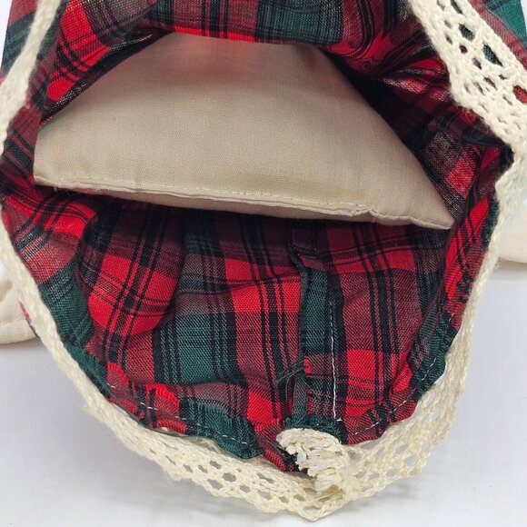 Vintage Handmade Angel Cloth Doll With Green Red Plaid Dress Lace Trim Christmas - Picture 9 of 9